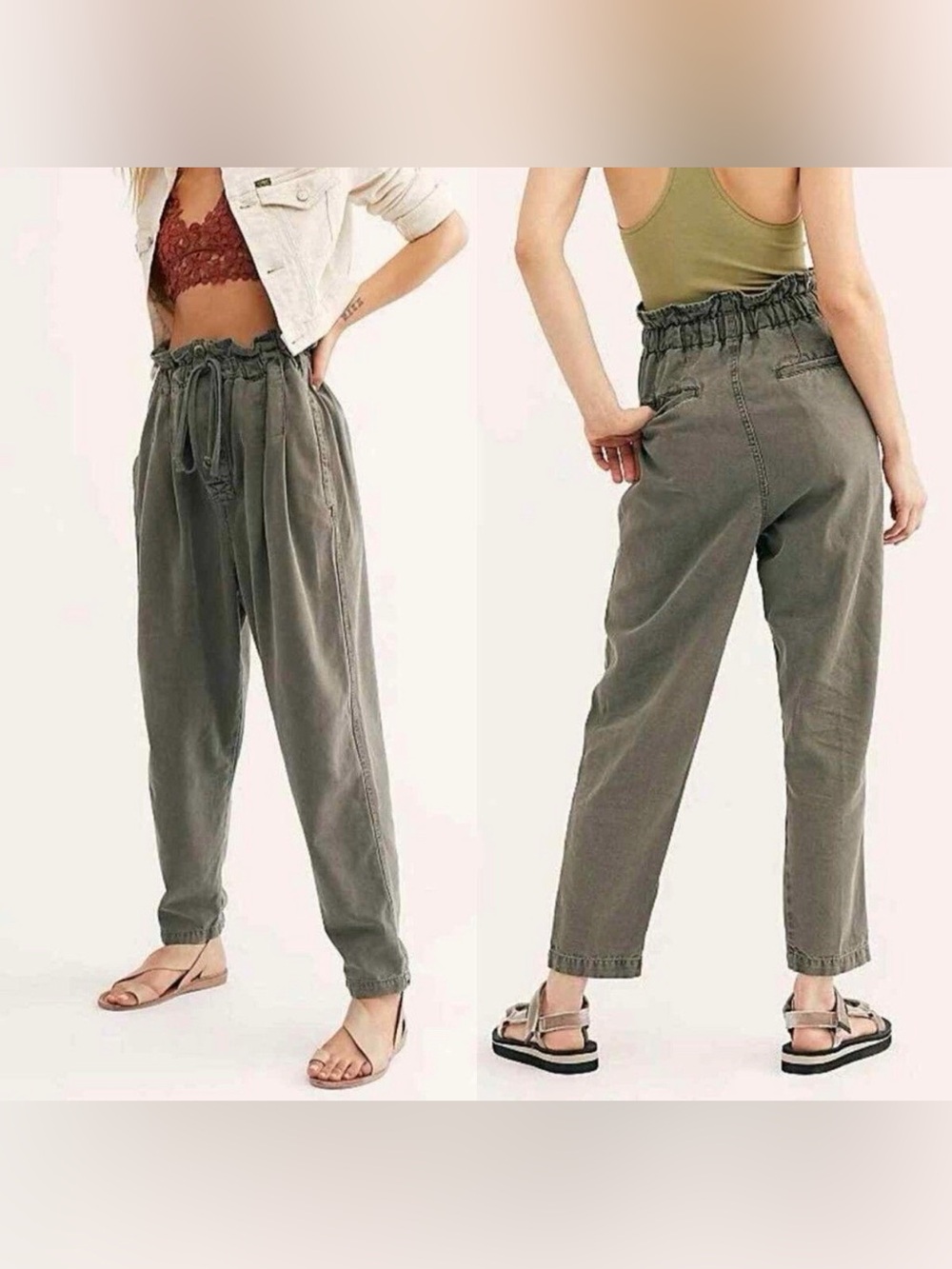 🌿Free People Margate High Rise Paperbag Trouser Pants Olive XS🌿‎